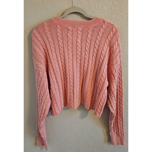 Aerie Woman Size XL Pink Cable Knit Cropped Sweater Cotton Casual  Long Sleeve - Picture 2 of 9